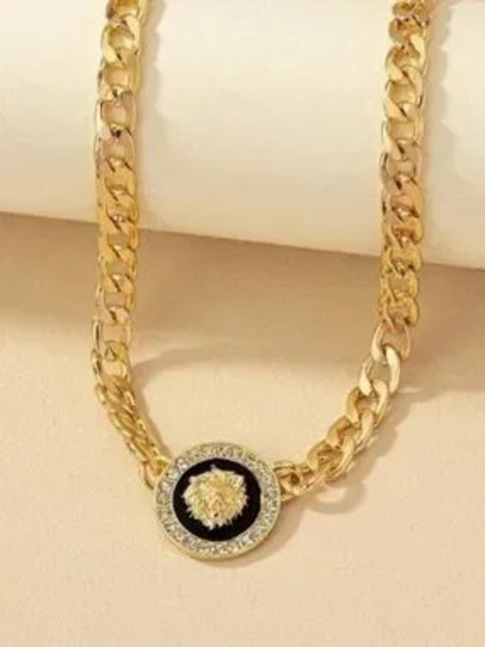 Gold Chain Choker with Black Medallion and Crystal Rim - Picture 2 of 4